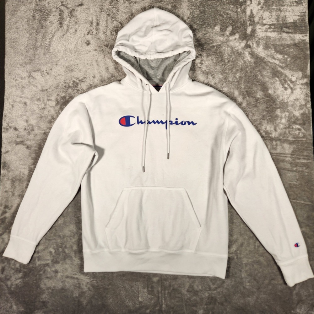 Champion Hoodie Mens Large GF89H White Script Logo Fleece Pullover EUC